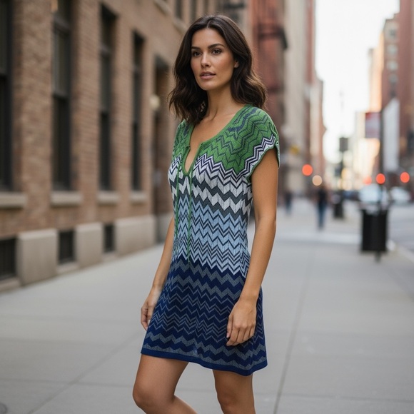 BCBG Knit Mini Dress Open Knit Green Silk Zigzag Grunge Tie Front Fairy Y2K 90’s - Picture 1 of 8